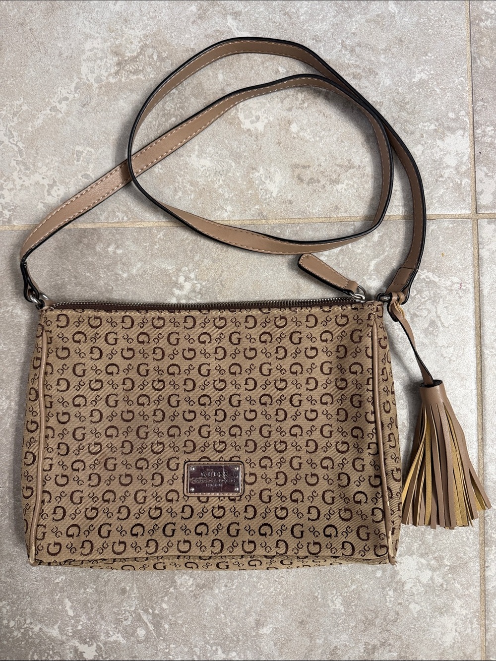 GUESS Vintage Monogram G-Logo Shoulder Crossbody Bag with Tassel